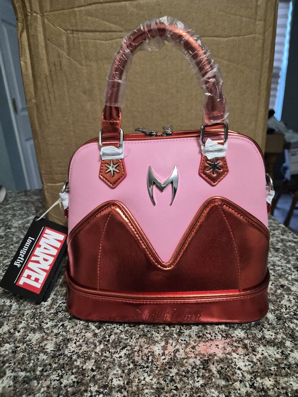Loungefly Pink and Metallic Red, Scarlet Witch Marvel Satchel